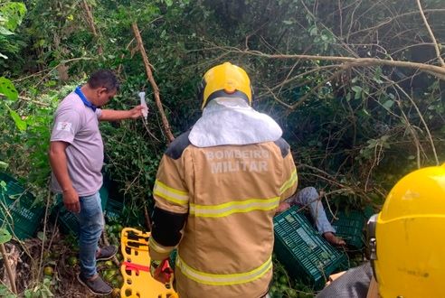 Motorista é resgatado após caminhão cair em ribanceira